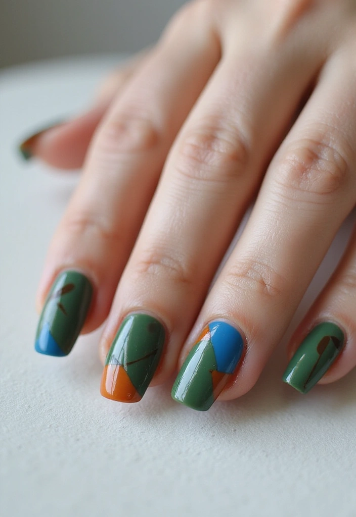 28 Medium Acrylic Nail Ideas for Versatile Beauty - 19. Graphic Designs with Eco-Friendly Colors