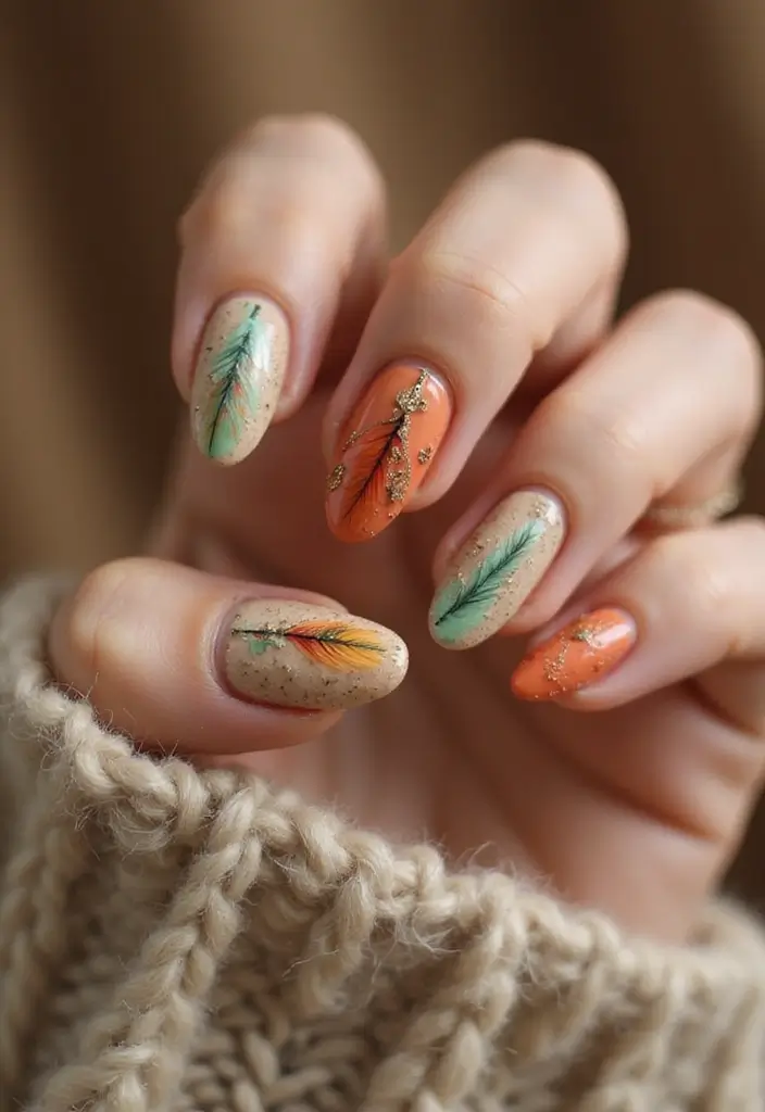 28 Medium Acrylic Nail Ideas for Versatile Beauty - 9. Boho Chic with Natural Inspirations