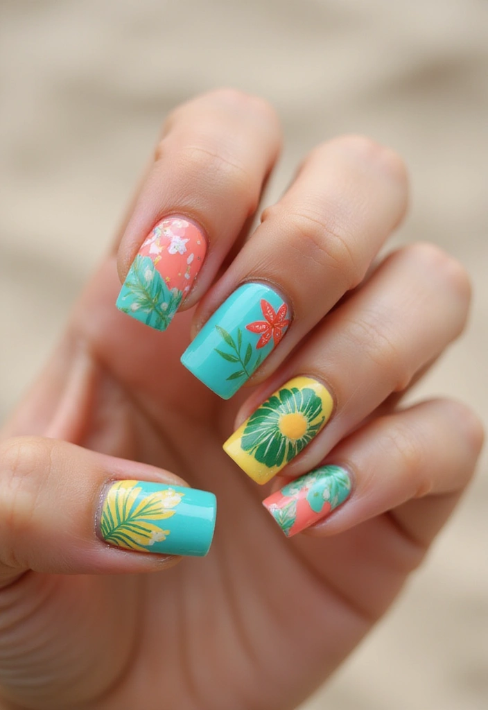 28 Medium Square Nail Ideas for Structured Chic - 21. Tropical Vibes