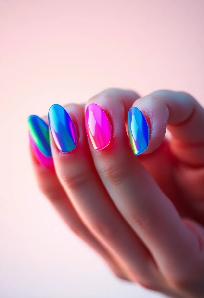 28 Shiny Chrome Nail Ideas for Futuristic Glam - 12. Neon Chrome Nail Art
