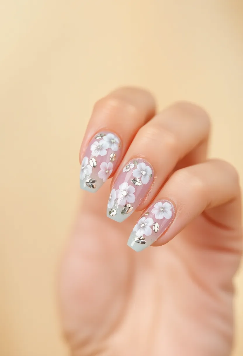 28 Shiny Chrome Nail Ideas for Futuristic Glam - 17. Chrome Floral Designs