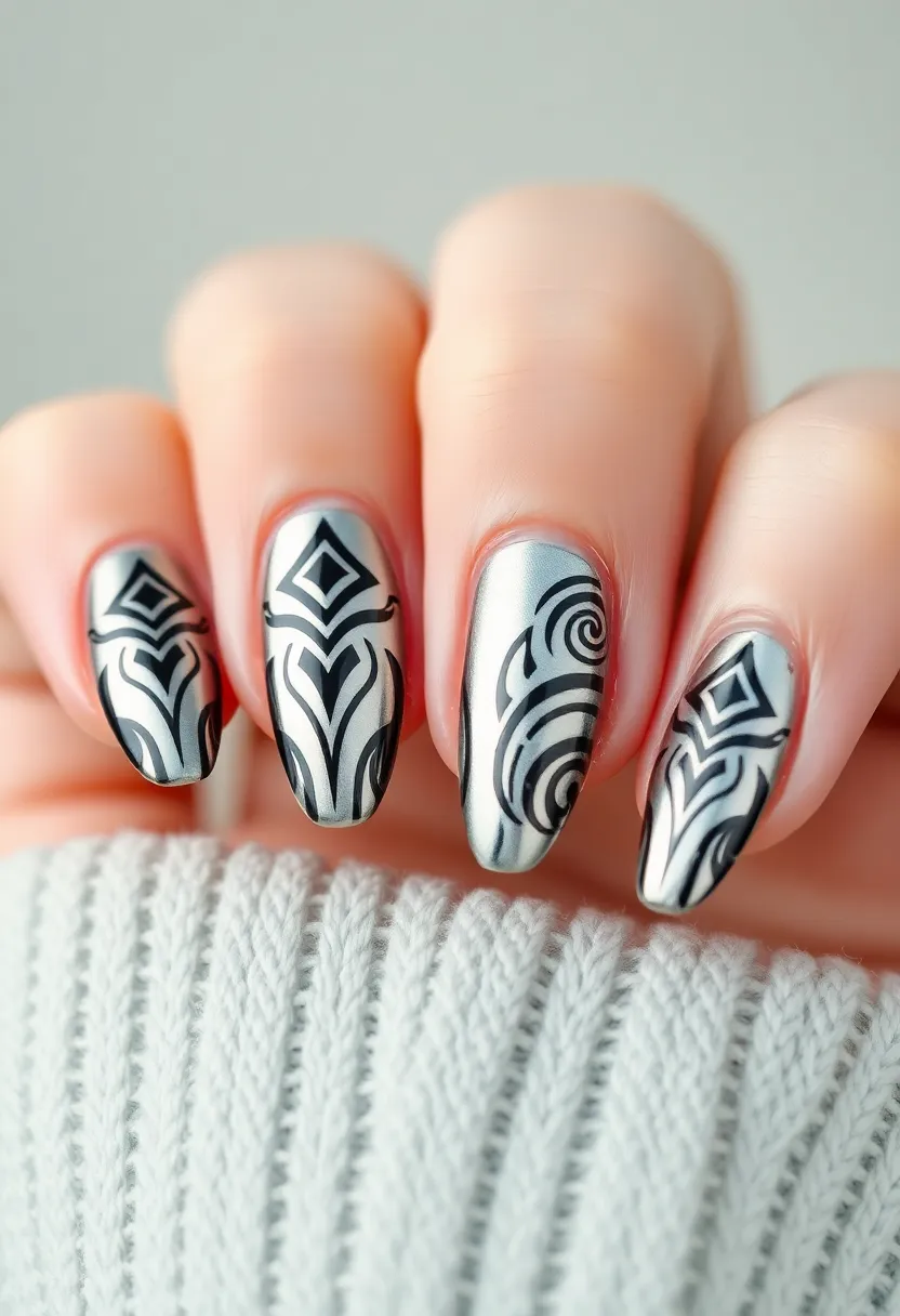 28 Shiny Chrome Nail Ideas for Futuristic Glam - 23. Chrome Tribal Designs