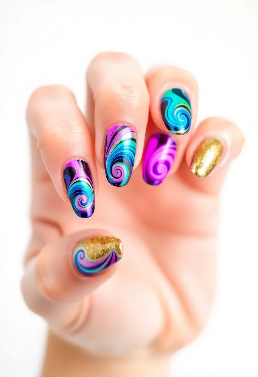 28 Shiny Chrome Nail Ideas for Futuristic Glam - 8. Colorful Chrome Swirls