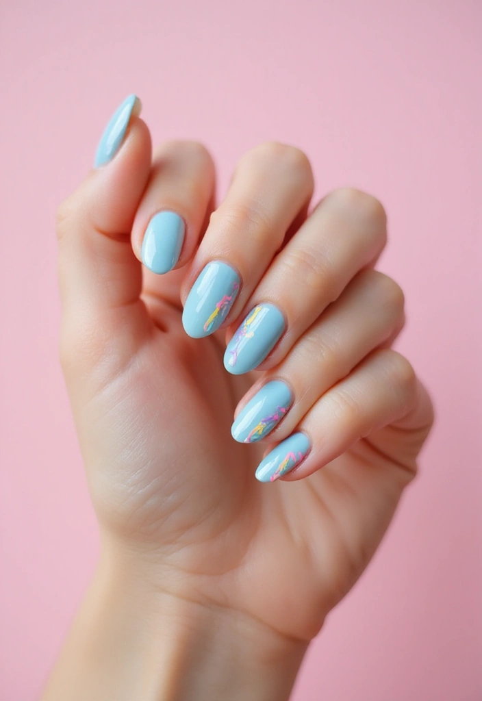 28 Soft Light Blue Nail Ideas for Pastel - 10. Soft Blue Rainbow Strokes