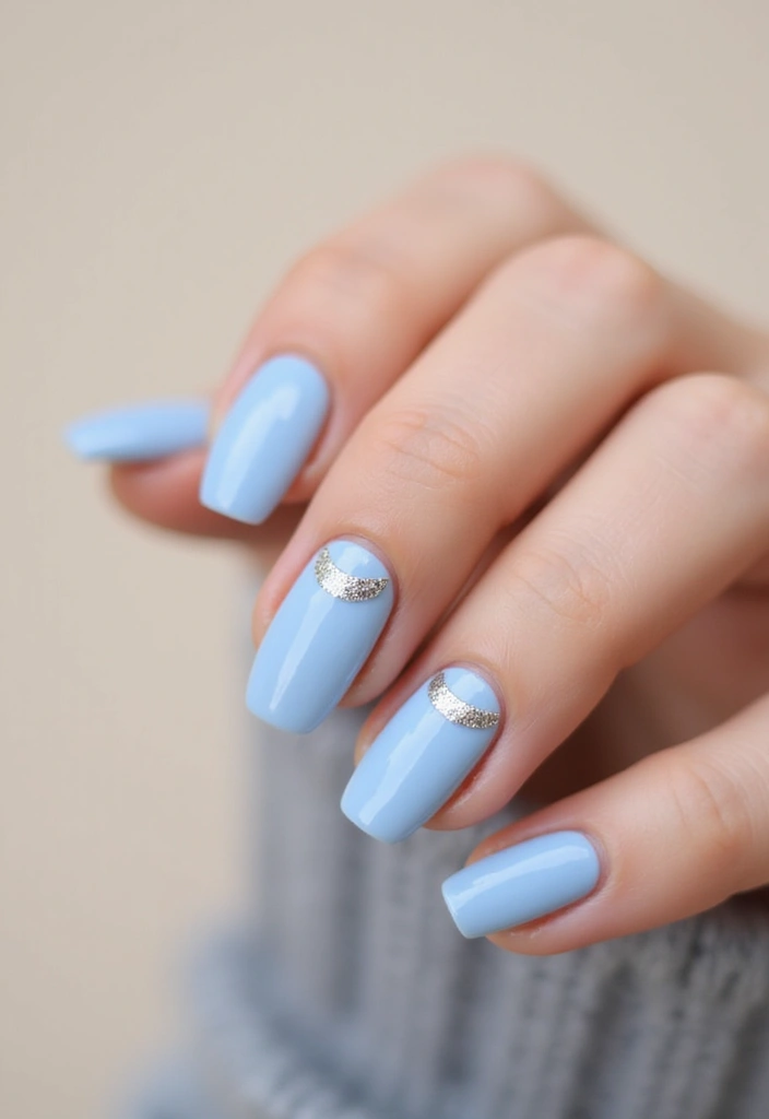 28 Soft Light Blue Nail Ideas for Pastel - 13. Soft Blue with Sparkly Half-Moons