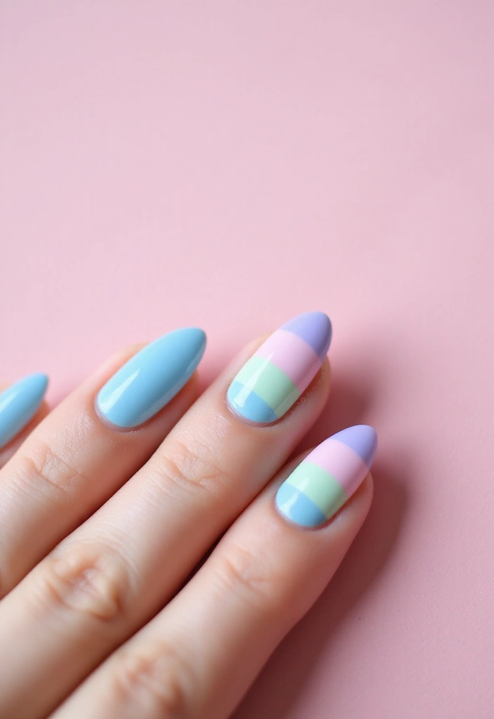 28 Soft Light Blue Nail Ideas for Pastel - 14. Soft Blue and Pastel Stripes