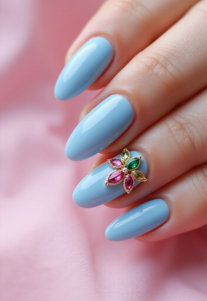 28 Soft Light Blue Nail Ideas for Pastel - 17. Soft Blue Gemstone Accents