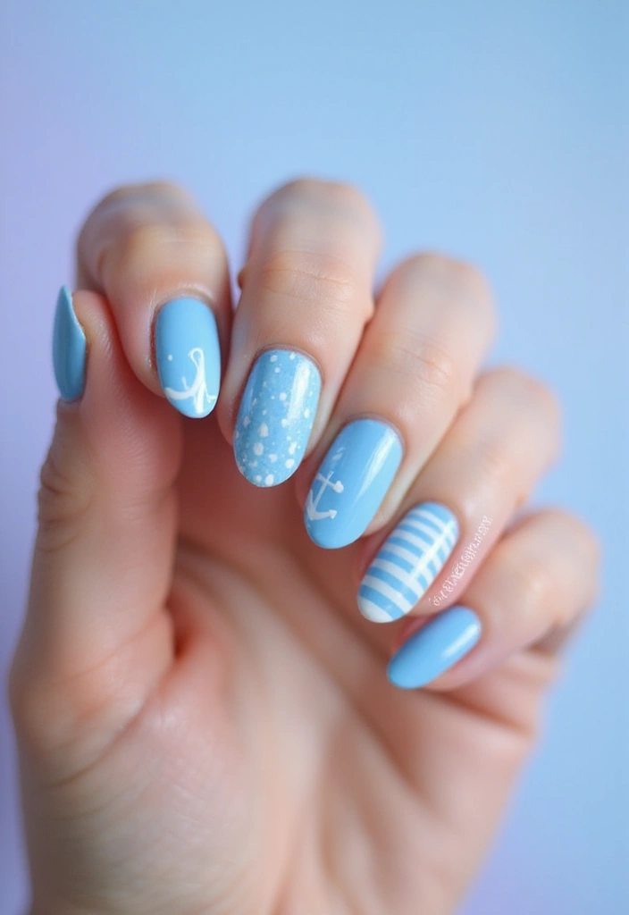 28 Soft Light Blue Nail Ideas for Pastel - 19. Soft Blue with Nautical Designs