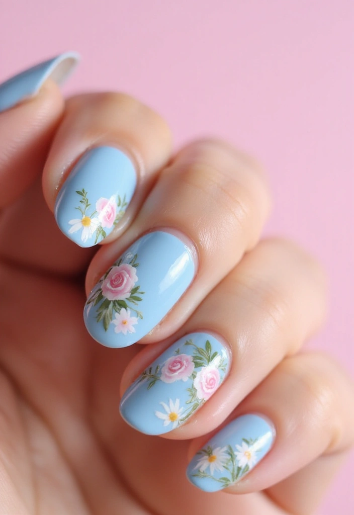 28 Soft Light Blue Nail Ideas for Pastel - 2. Pastel Floral Accents