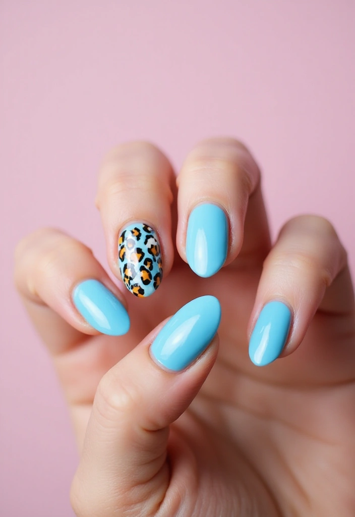 28 Soft Light Blue Nail Ideas for Pastel - 23. Soft Blue with Animal Print