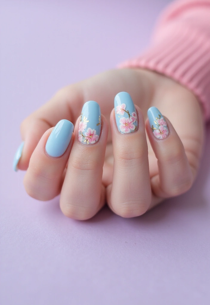 28 Soft Light Blue Nail Ideas for Pastel - 27. Soft Blue with Cherry Blossom Details