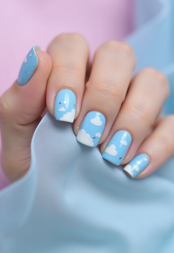28 Soft Light Blue Nail Ideas for Pastel - 28. Soft Blue with Whimsical Clouds