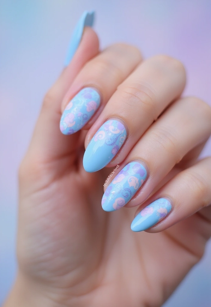 28 Soft Light Blue Nail Ideas for Pastel - 3. Dreamy Swirls of Color