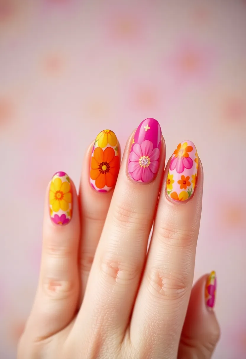 28 Spring 2025 Nail Ideas for Blooming - 23. Retro Flower Power