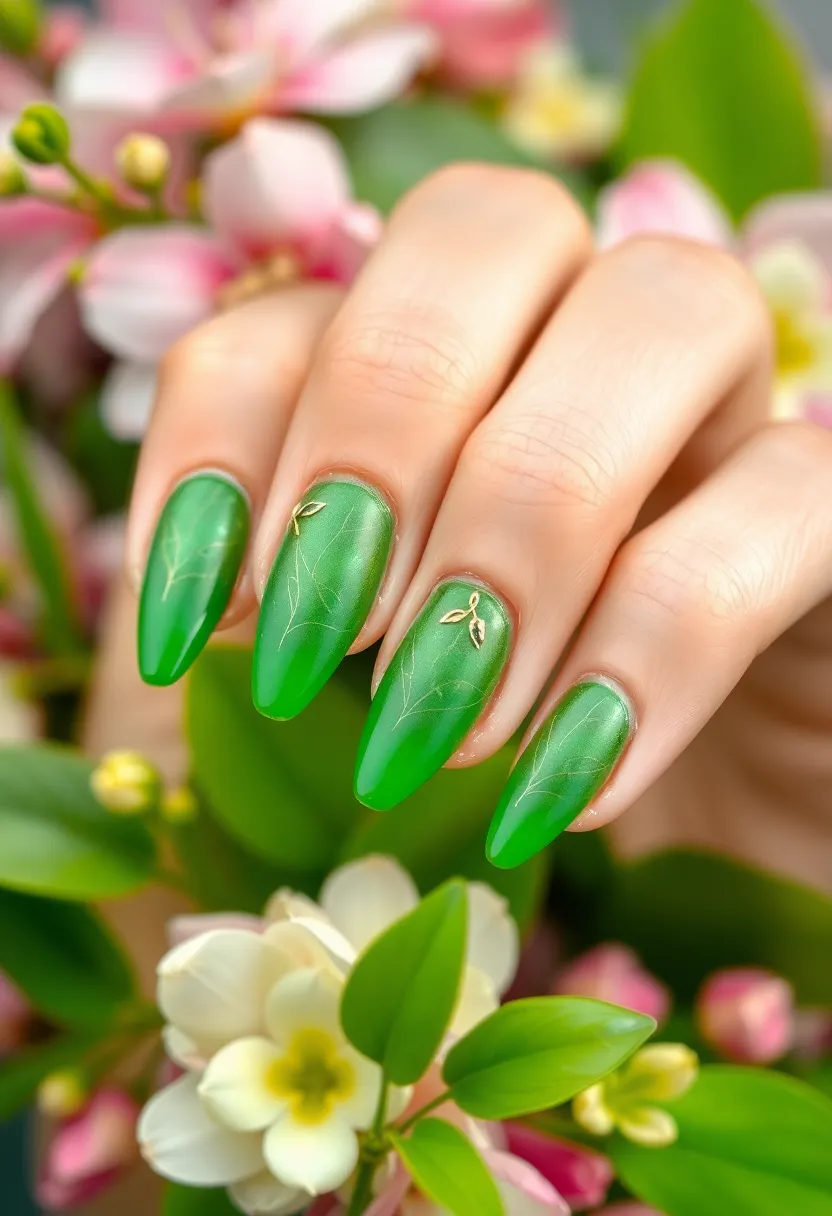 28 Vibrant Green Nail Ideas for Eco-Chic - 25. Leafy Layering