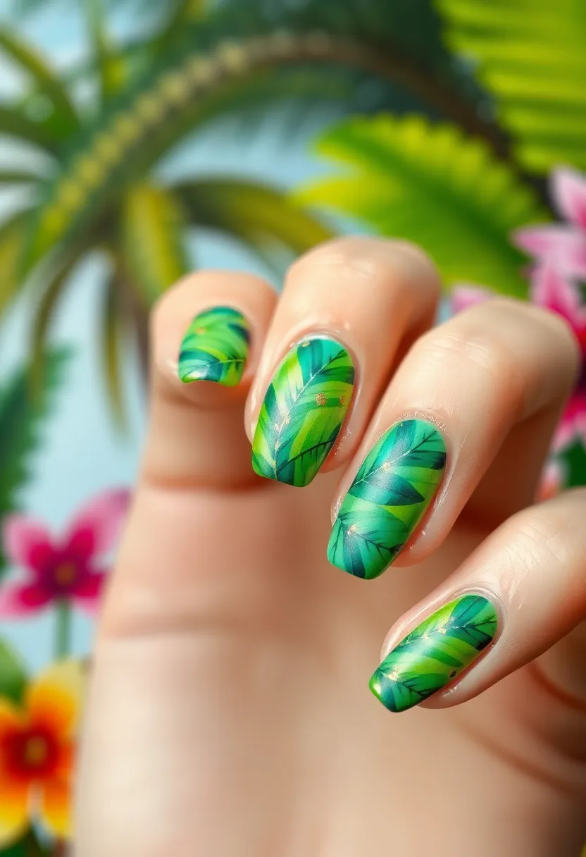 28 Vibrant Green Nail Ideas for Eco-Chic - 26. Tropical Green Leaves