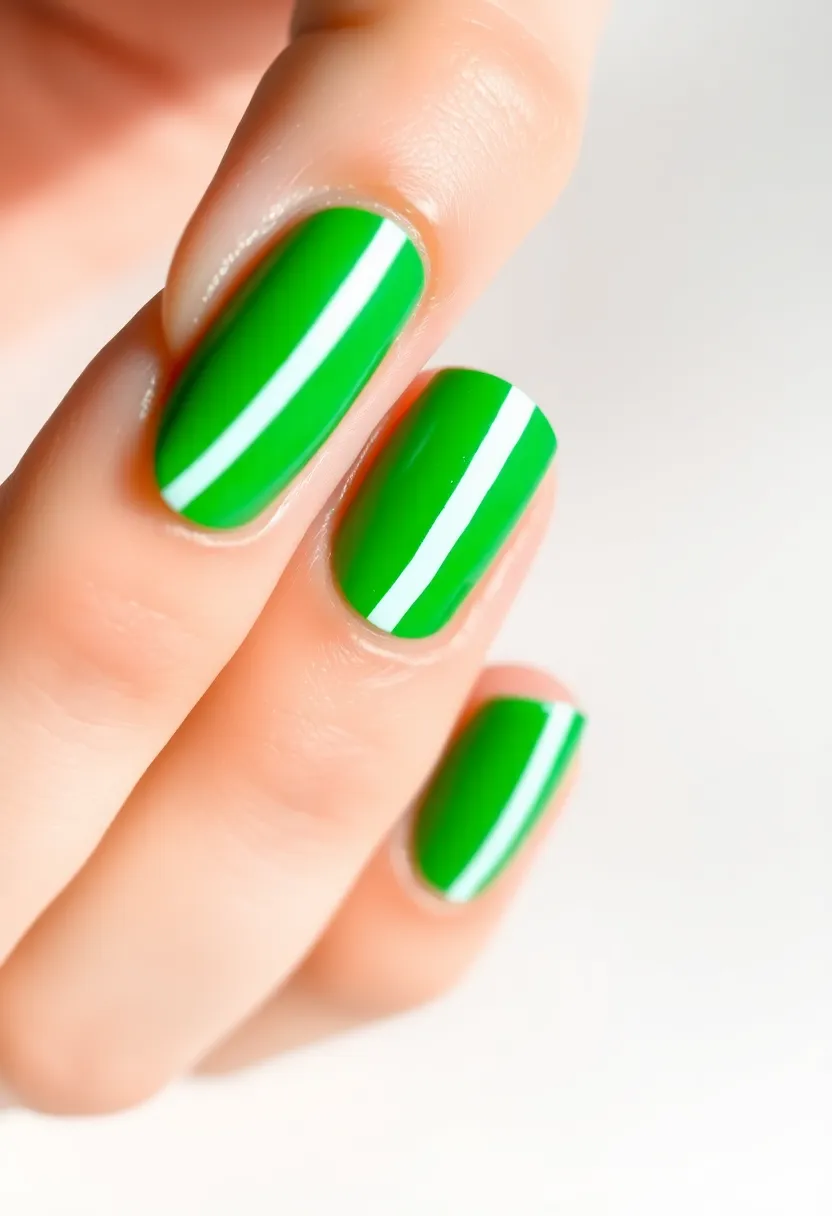 28 Vibrant Green Nail Ideas for Eco-Chic - 27. Fresh Green Stripes