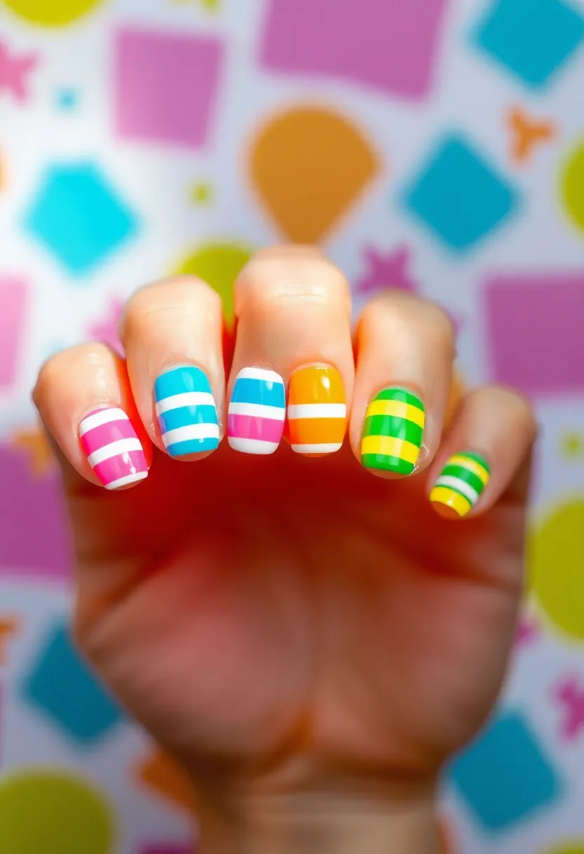 30 Adorable Cute Nail Ideas for Kids' Playful Adventures - 22. Bright and Bold Stripes