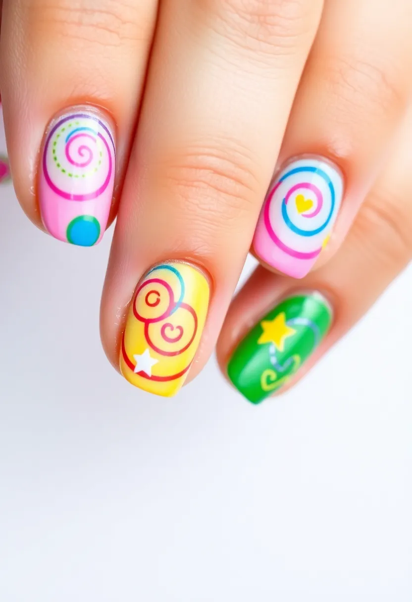 30 Adorable Cute Nail Ideas for Kids' Playful Adventures - 29. Colorful Spirals