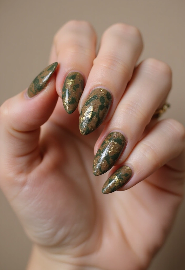 30 Balanced Medium Length Nail Ideas for Versatile Vibes - 1. Earthy Tones with Leaf Accents