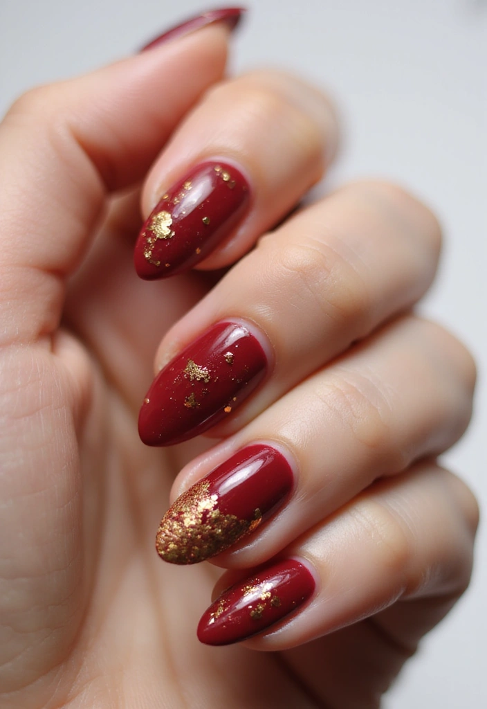 30 Balanced Medium Length Nail Ideas for Versatile Vibes - 10. Classic Red with Gold Foil Accents