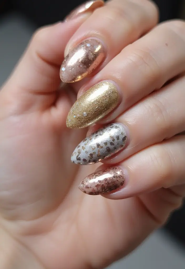 30 Balanced Medium Length Nail Ideas for Versatile Vibes - 19. Mixed Metal Mania