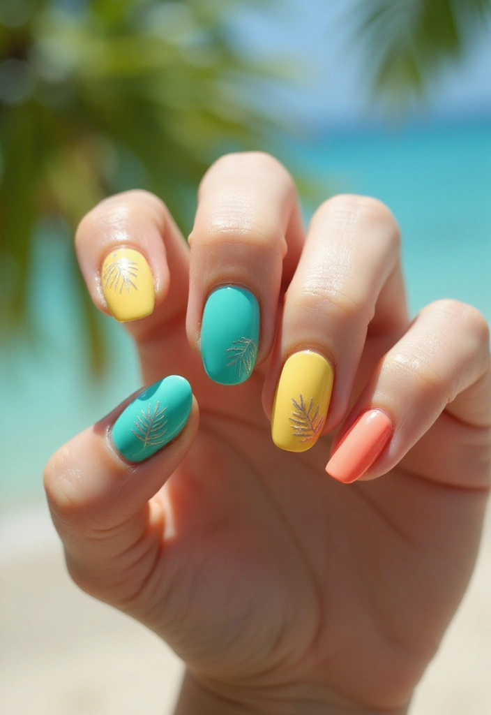30 Balanced Medium Length Nail Ideas for Versatile Vibes - 21. Tropical Vibes with Palm Leaves