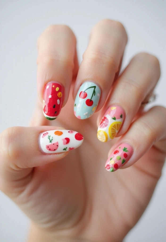 30 Balanced Medium Length Nail Ideas for Versatile Vibes - 23. Mixed Fruit Designs