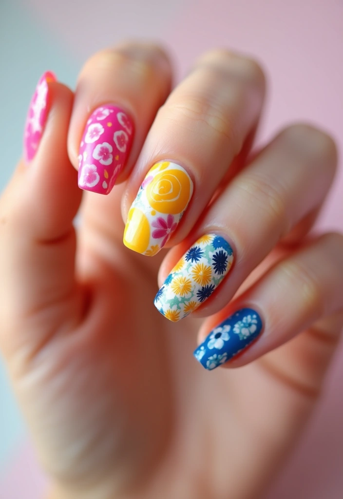 30 Balanced Medium Length Nail Ideas for Versatile Vibes - 4. Vibrant Floral Patterns