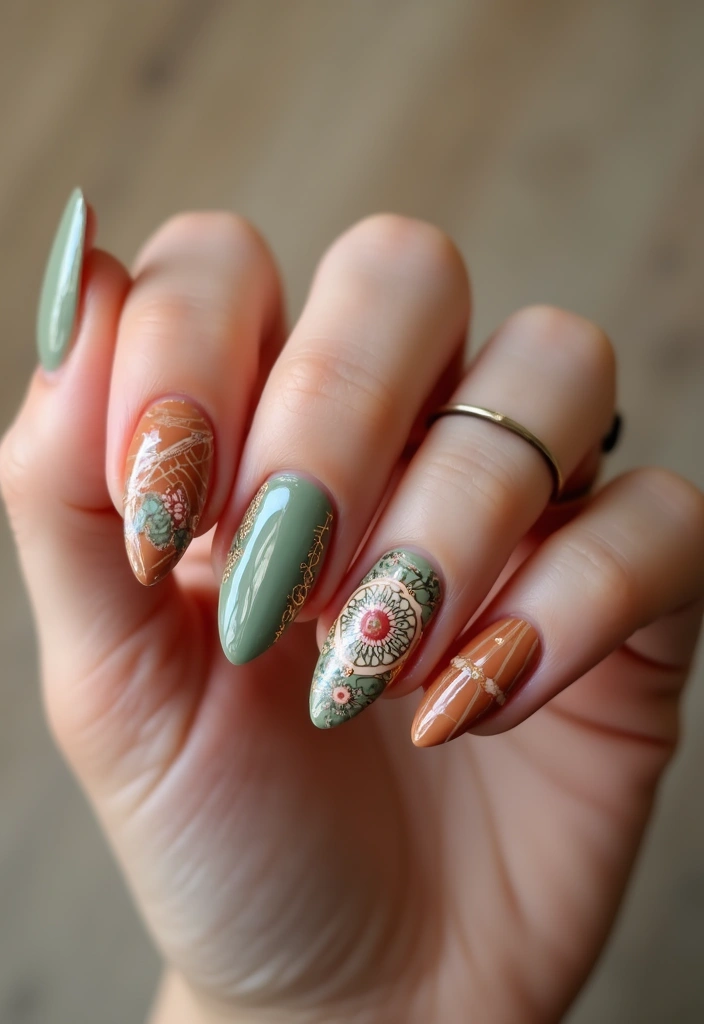 30 Balanced Medium Length Nail Ideas for Versatile Vibes - 9. Boho Chic with Earthy Accents