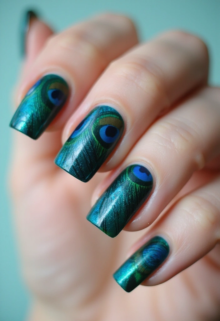 30 Coffin Acrylic Nail Ideas for Dramatic Elegance - 10. Elegant Peacock Feathers