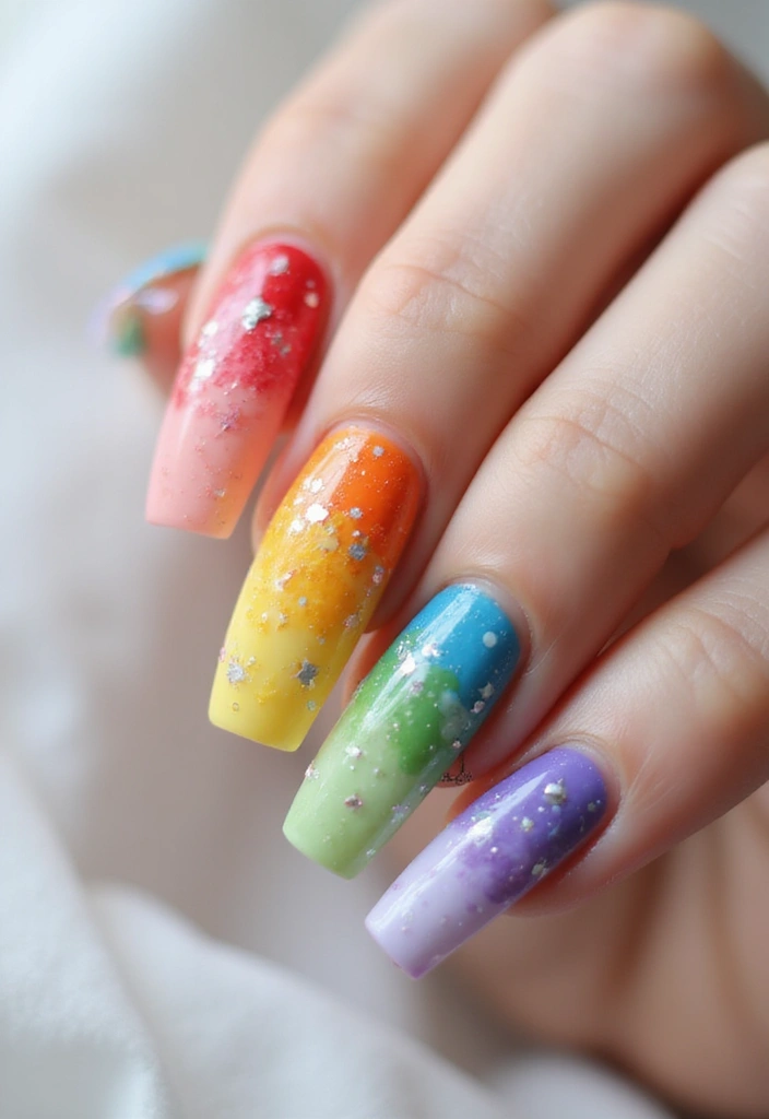 30 Coffin Acrylic Nail Ideas for Dramatic Elegance - 13. Rainbow Splash
