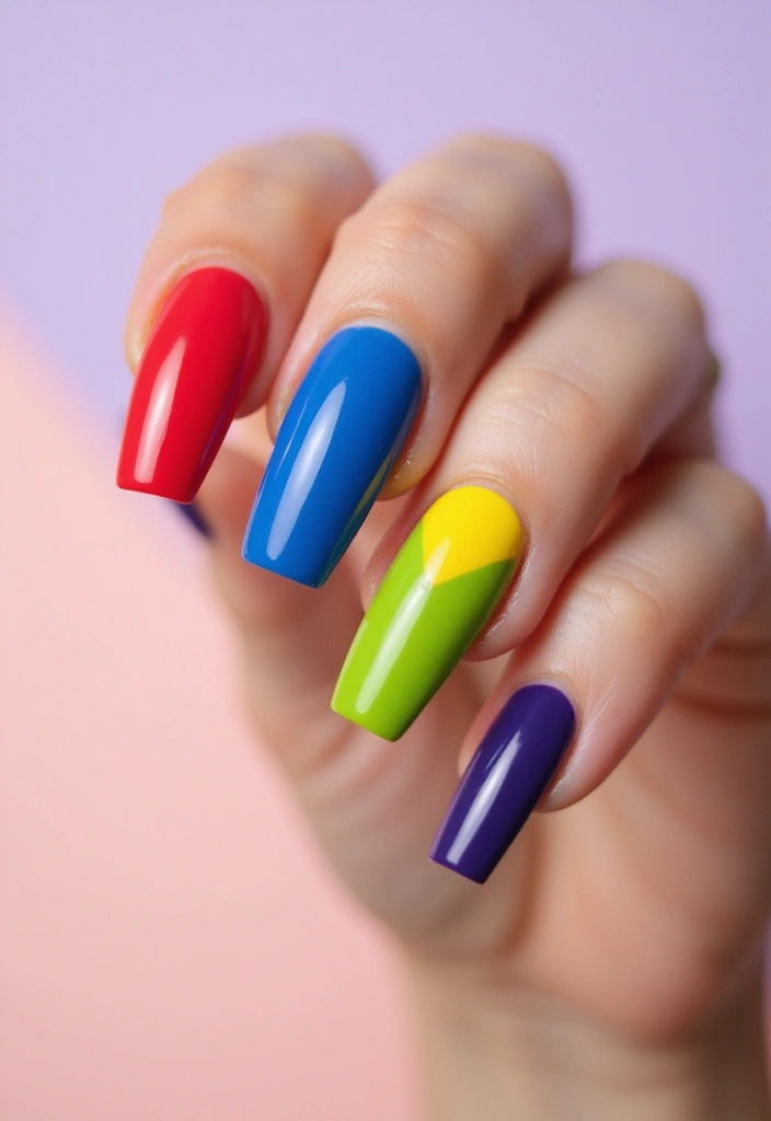 30 Coffin Acrylic Nail Ideas for Dramatic Elegance - 18. Color Block Chic