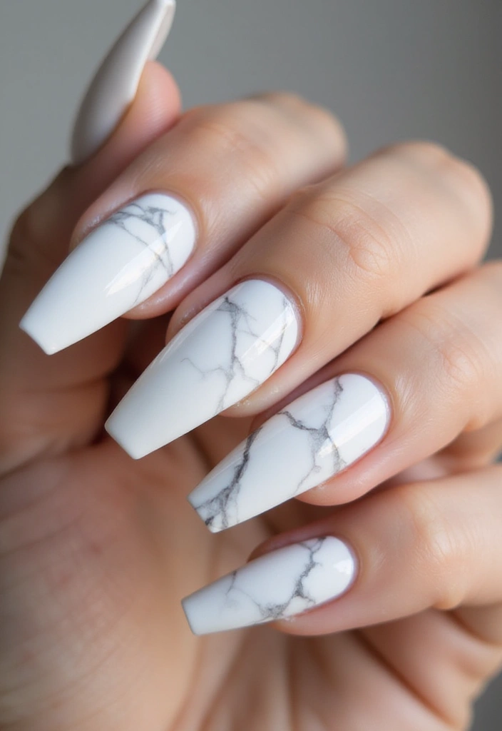 30 Coffin Acrylic Nail Ideas for Dramatic Elegance - 2. White Marble Effect