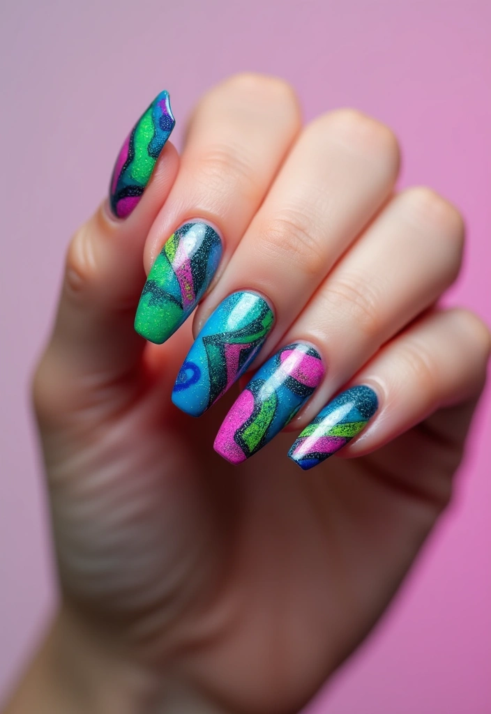 30 Coffin Acrylic Nail Ideas for Dramatic Elegance - 23. Abstract Color Mashup