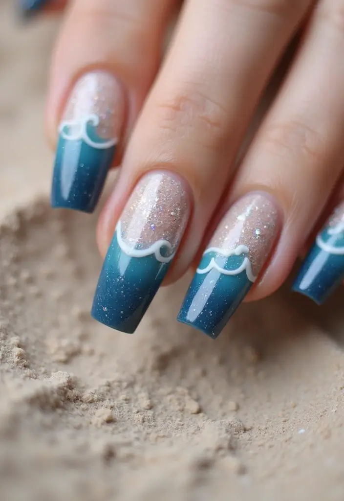 30 Coffin Acrylic Nail Ideas for Dramatic Elegance - 26. Sea-Inspired Design