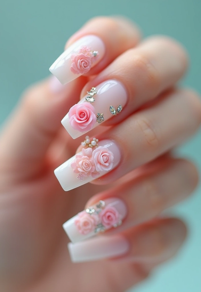 30 Coffin Acrylic Nail Ideas for Dramatic Elegance - 28. 3D Floral Embellishments