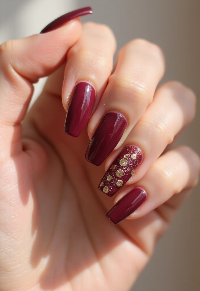 30 Coffin Acrylic Nail Ideas for Dramatic Elegance - 3. Burgundy and Gold Glitter