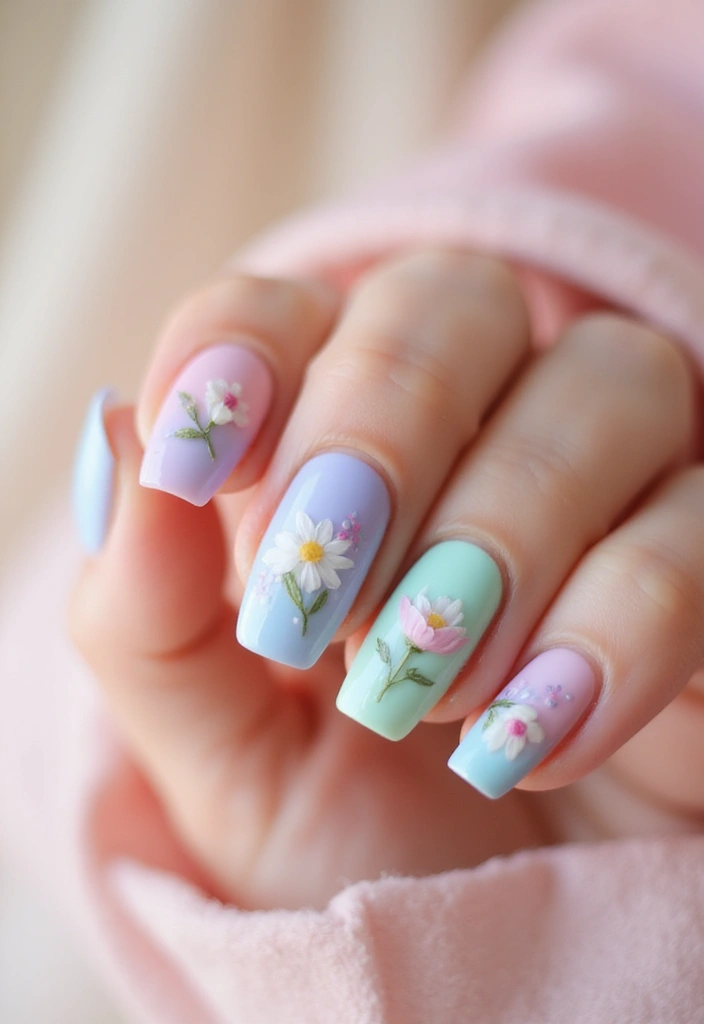 30 Coffin Acrylic Nail Ideas for Dramatic Elegance - 4. Soft Pastels with Floral Art