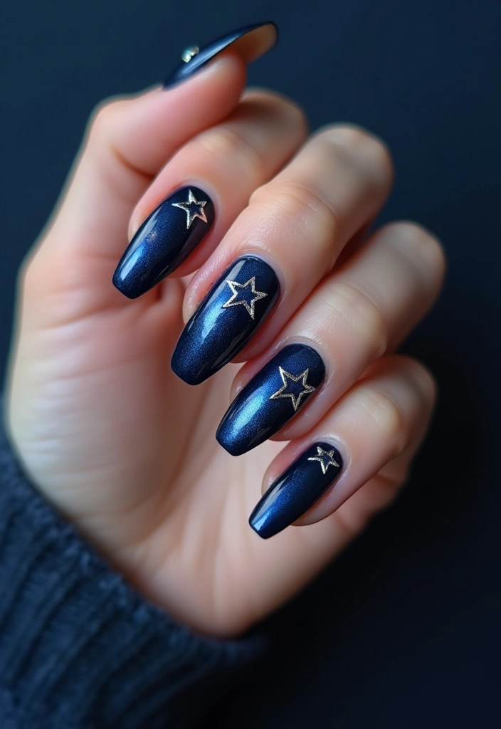 30 Coffin Acrylic Nail Ideas for Dramatic Elegance - 6. Midnight Blue with Silver Stars