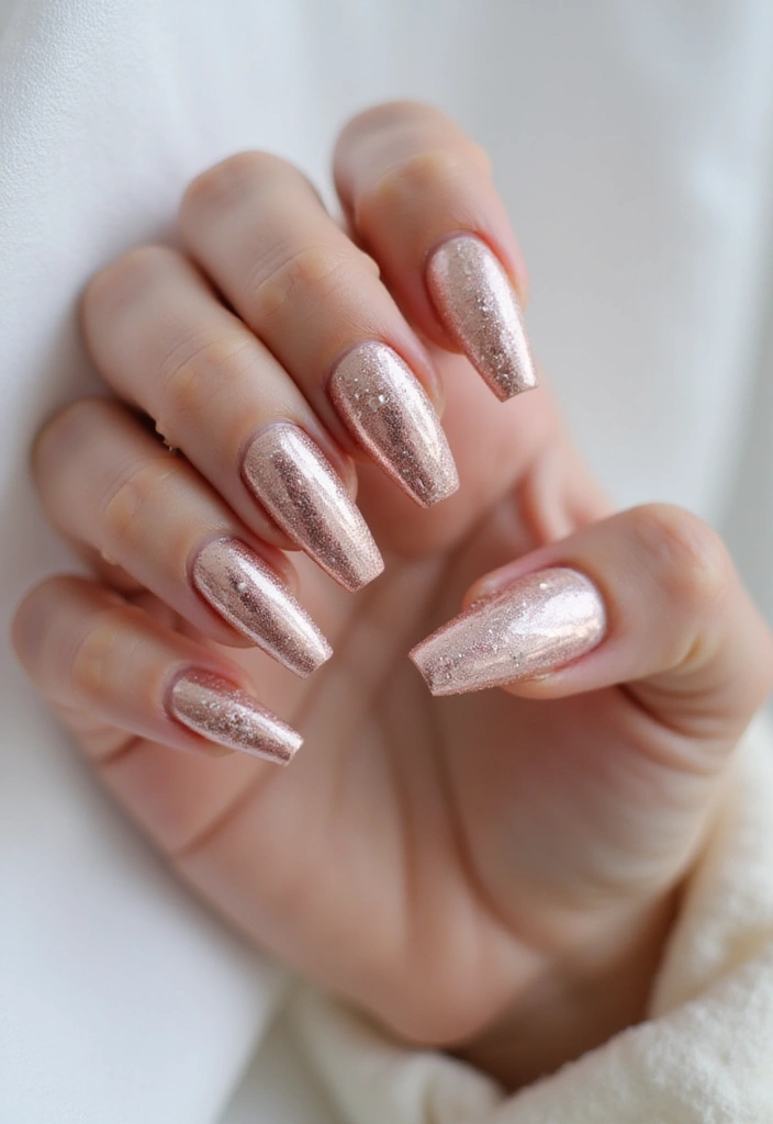30 Coffin Acrylic Nail Ideas for Dramatic Elegance - 7. Rose Gold Metallic