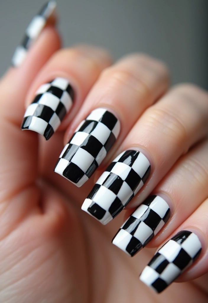 30 Coffin Acrylic Nail Ideas for Dramatic Elegance - 8. Black and White Checkerboard