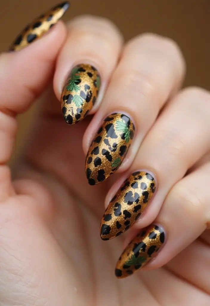 30 Fierce Cheetah Print Nail Ideas for Wild - 18. Cheetah Print with Leaf Accents