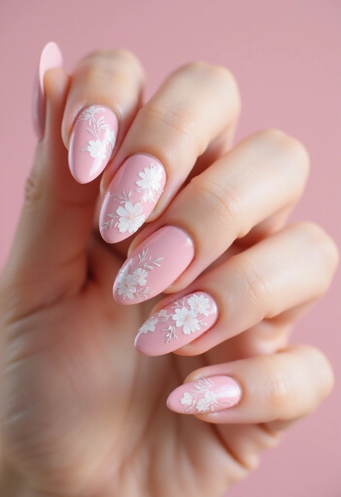 30 Floral Acrylic Nail Ideas for Blooming - 1. Elegant White Flowers on Soft Pink