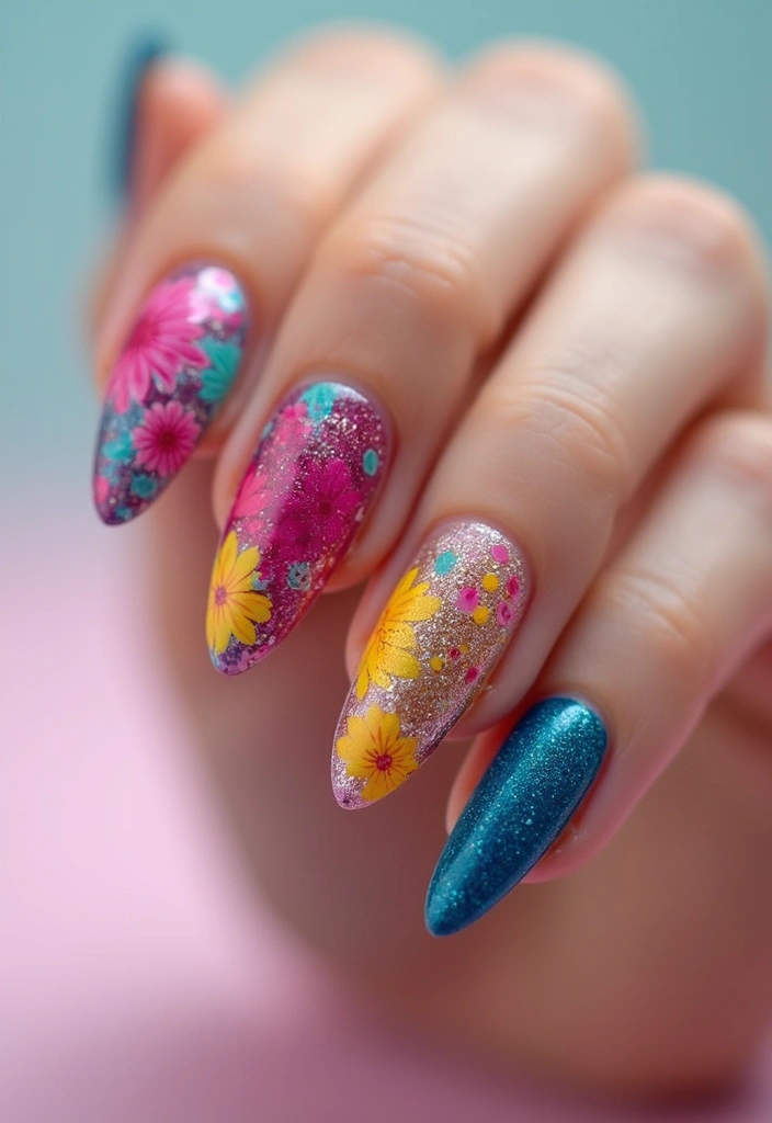 30 Floral Acrylic Nail Ideas for Blooming - 11. Bright Floral Accents with Glitter