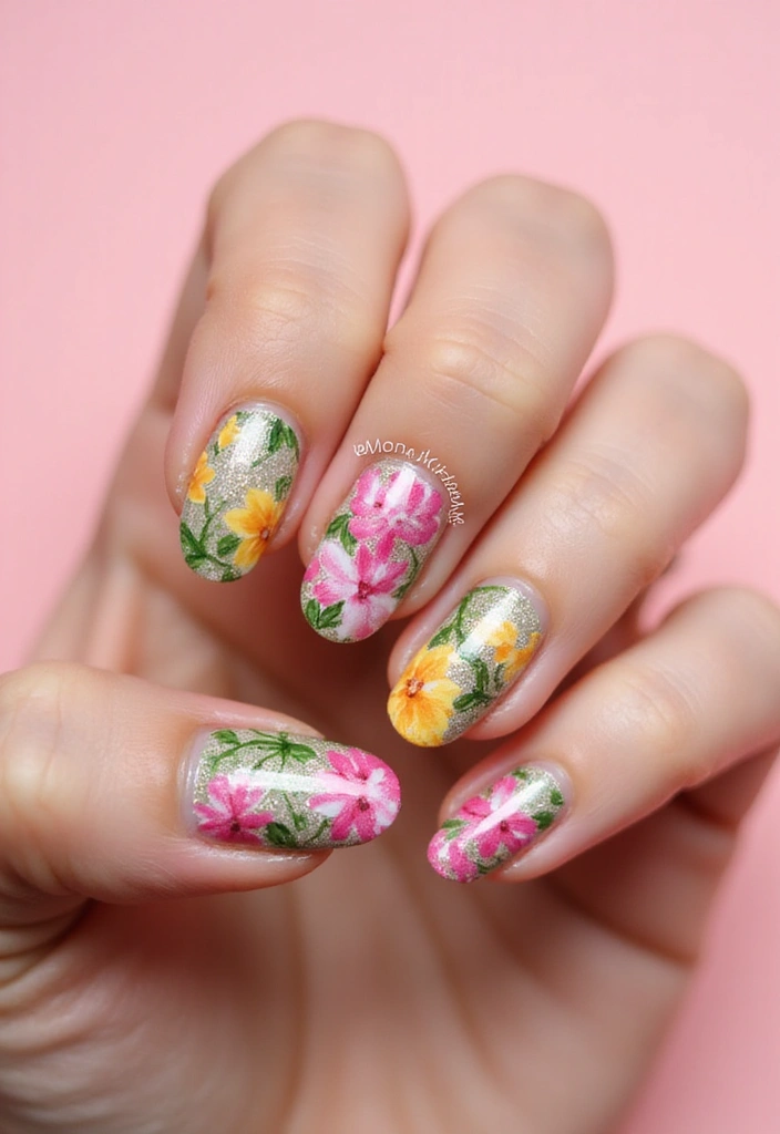 30 Floral Acrylic Nail Ideas for Blooming - 16. Colorful Floral Stamping