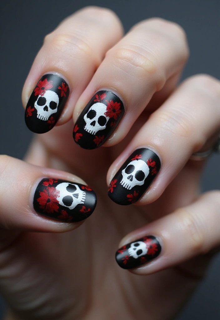 30 Floral Acrylic Nail Ideas for Blooming - 17. Edgy Floral Skull Design