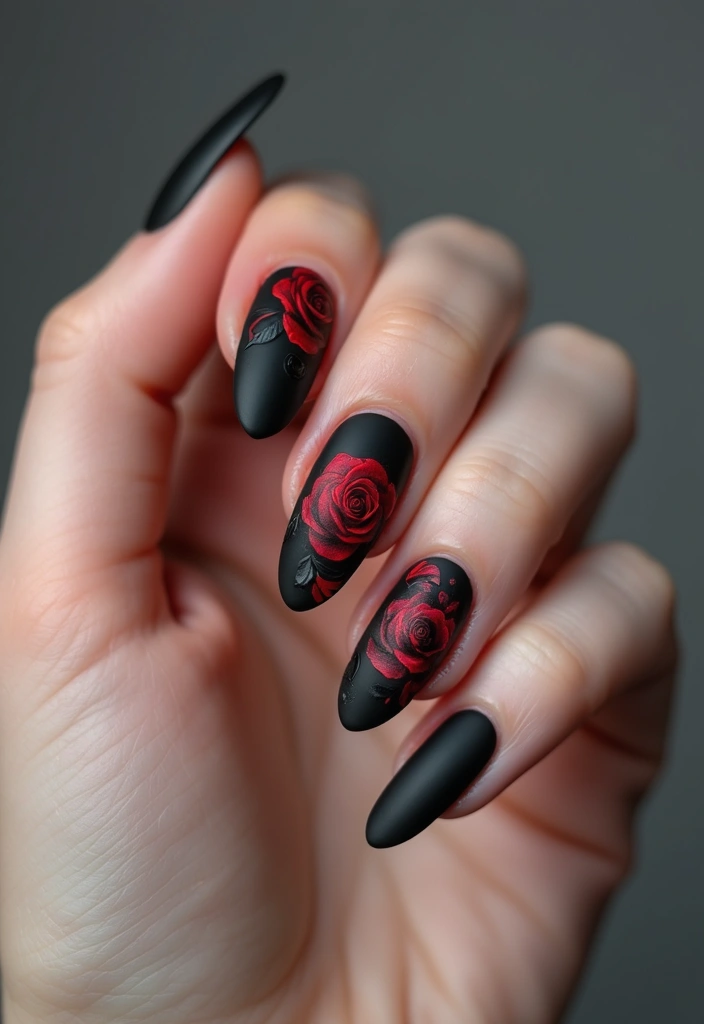 30 Floral Acrylic Nail Ideas for Blooming - 2. Bold Red Roses on Matte Black