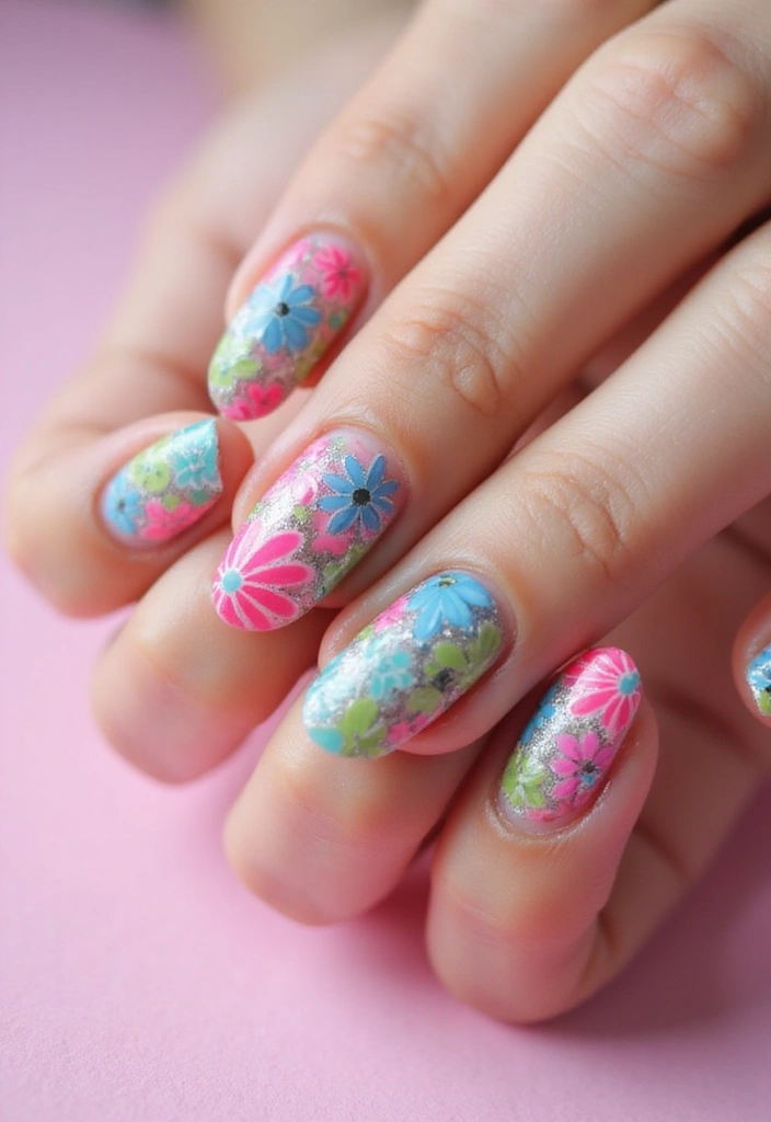 30 Floral Acrylic Nail Ideas for Blooming - 23. Floral Mosaic Design
