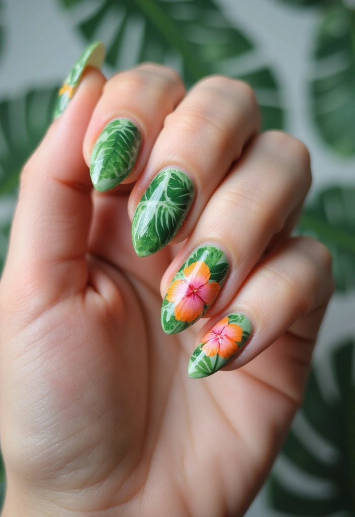 30 Floral Acrylic Nail Ideas for Blooming - 27. Tropical Leaves with Floral Accents